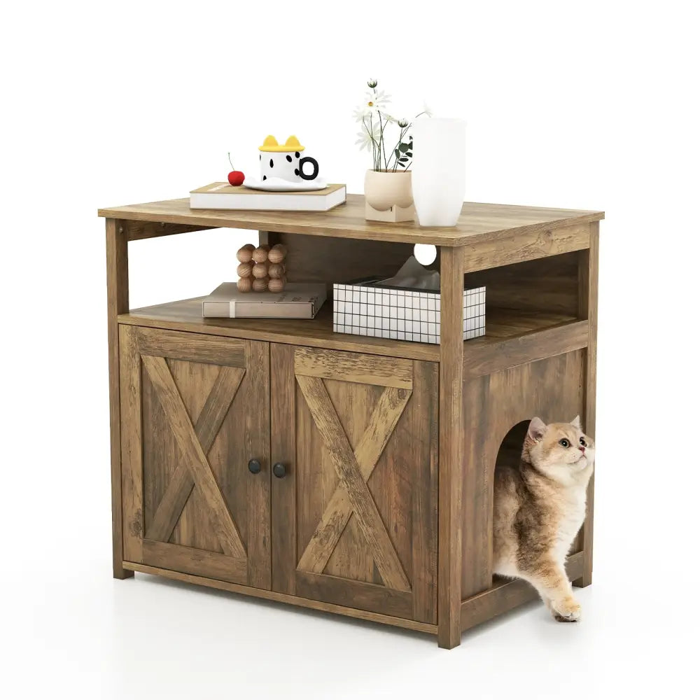 Cat Litter Box Enclosure with Double Barn Doors Divider Side Entry and Storage Shelf - Oak - Cat Houses
