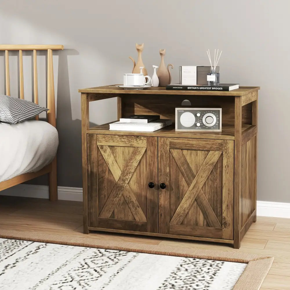 Cat Litter Box Enclosure with Double Barn Doors Divider Side Entry and Storage Shelf - Oak - Cat Houses