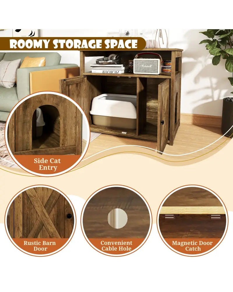 Cat Litter Box Enclosure with Double Barn Doors Divider Side Entry and Storage Shelf - Oak - Cat Houses