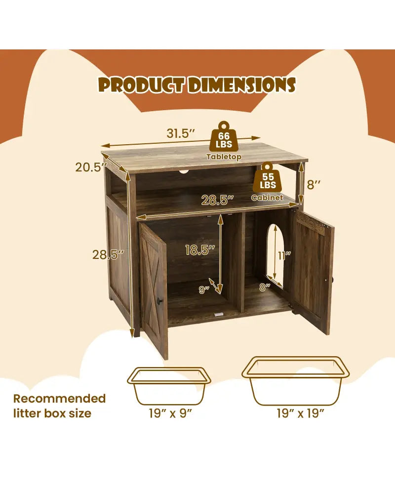 Cat Litter Box Enclosure with Double Barn Doors Divider Side Entry and Storage Shelf - Oak - Cat Houses