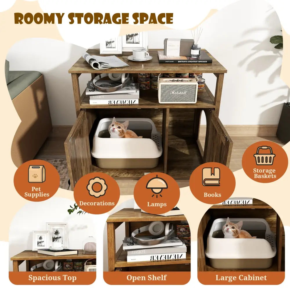 Cat Litter Box Enclosure with Double Barn Doors Divider Side Entry and Storage Shelf - Oak - Cat Houses