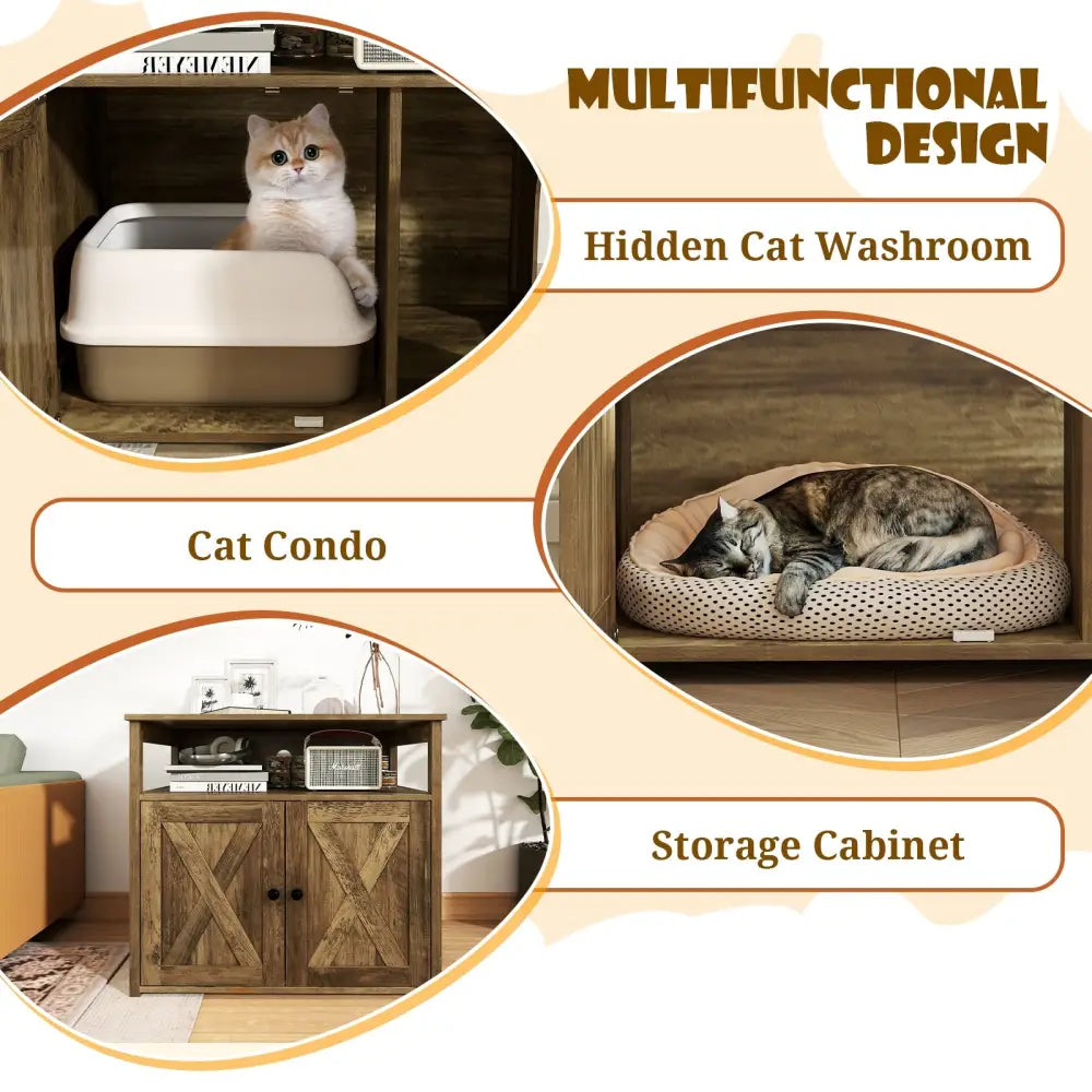 Cat Litter Box Enclosure with Double Barn Doors Divider Side Entry and Storage Shelf - Oak - Cat Houses