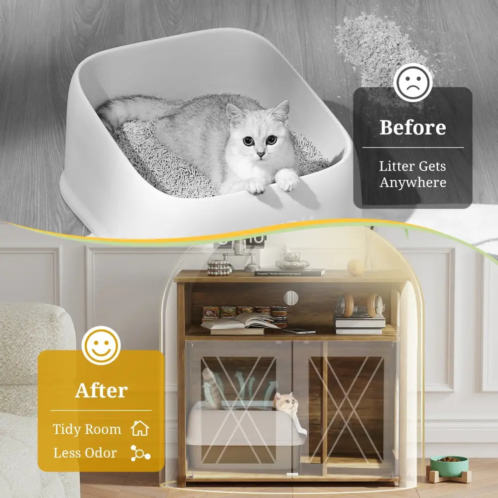 Cat Litter Box Enclosure with Double Barn Doors Divider Side Entry and Storage Shelf - Oak - Cat Houses
