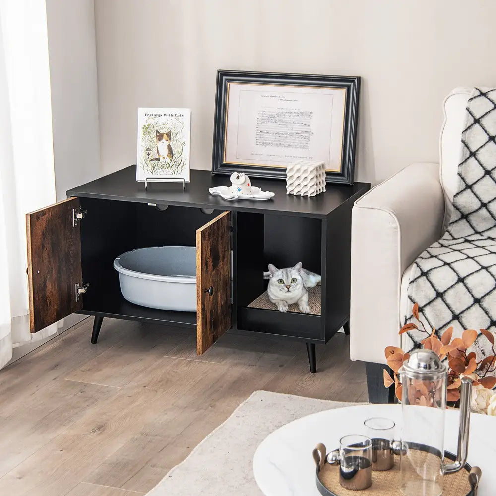 Cat Litter Box Enclosure with Double Door Cabinet - Natural - Cat Houses