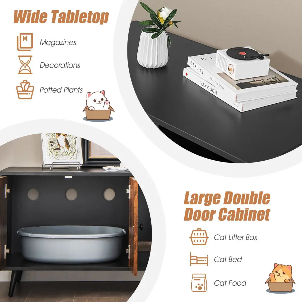 Cat Litter Box Enclosure with Double Door Cabinet - Natural - Cat Houses