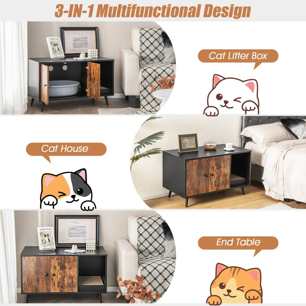 Cat Litter Box Enclosure with Double Door Cabinet - Natural - Cat Houses