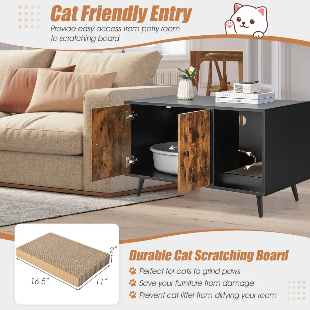 Cat Litter Box Enclosure with Double Door Cabinet - Natural - Cat Houses