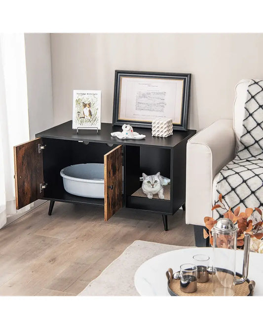 Cat Litter Box Enclosure with Double Door Cabinet - Natural - Cat Houses