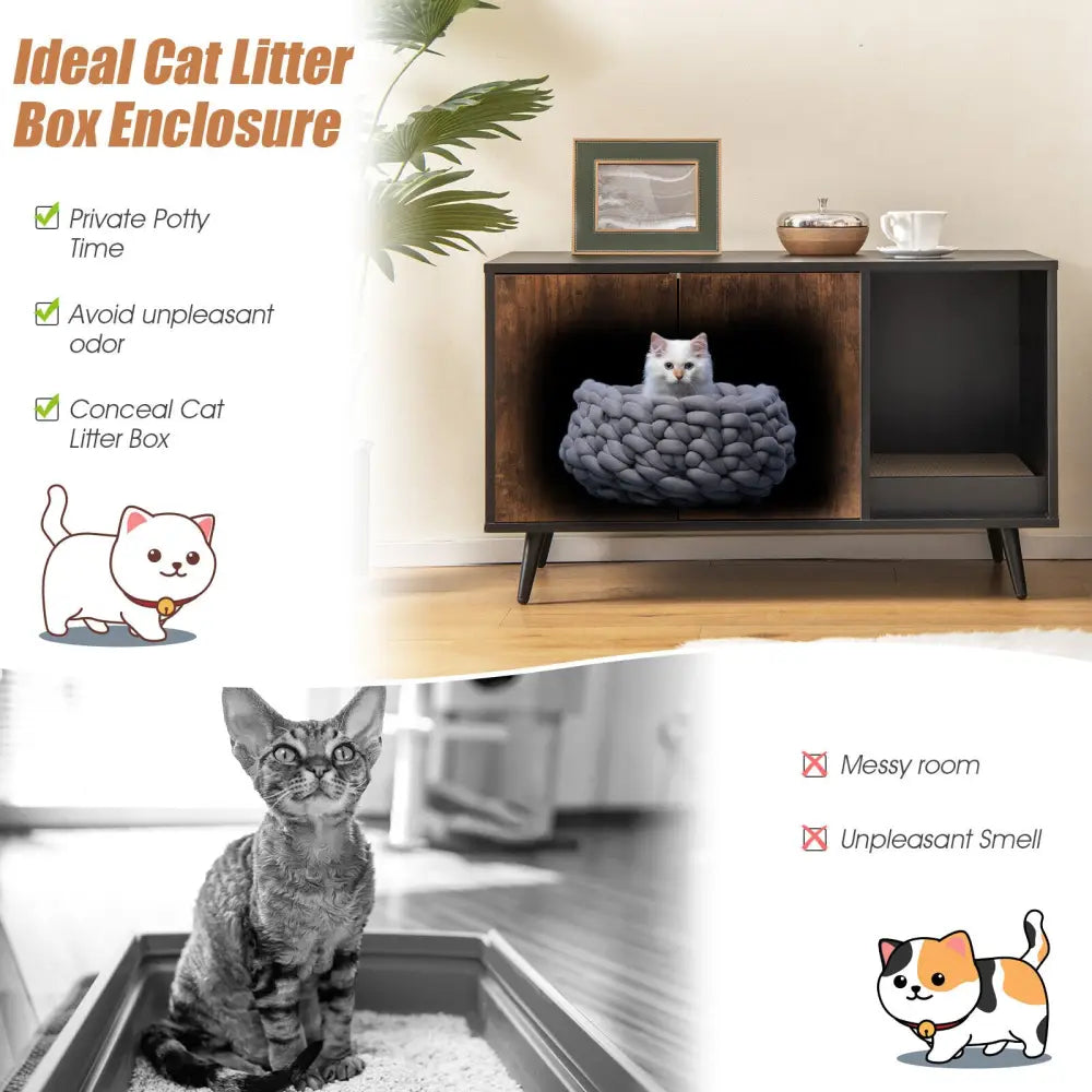 Cat Litter Box Enclosure with Double Door Cabinet - Natural - Cat Houses