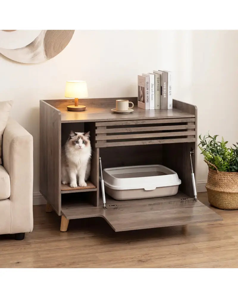 Cat Litter Box Enclosure with Flip-down Opening Door and Scratching Mat-Brown - Brown - Cat Houses