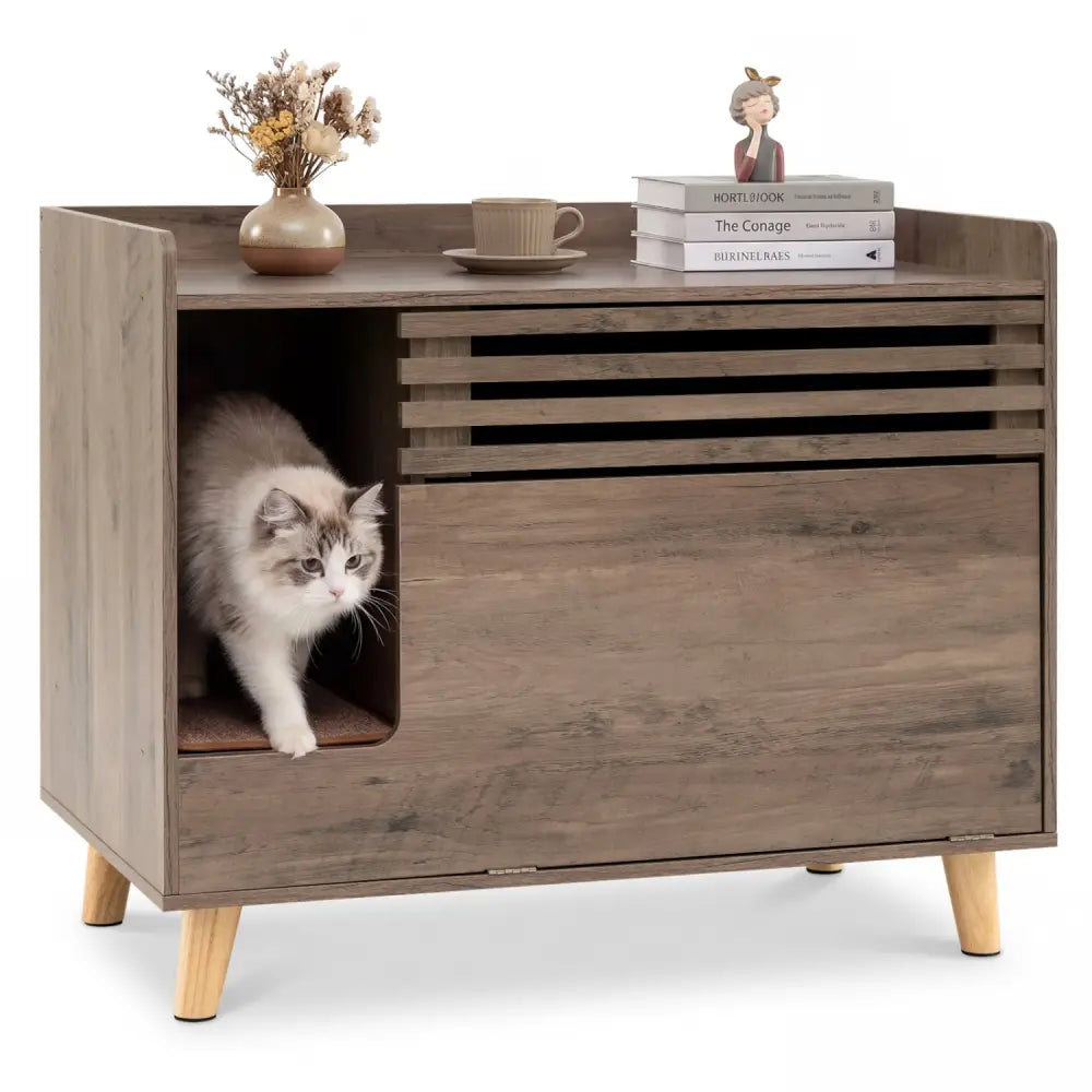 Cat Litter Box Enclosure with Flip-down Opening Door and Scratching Mat-Brown - Brown - Cat Houses