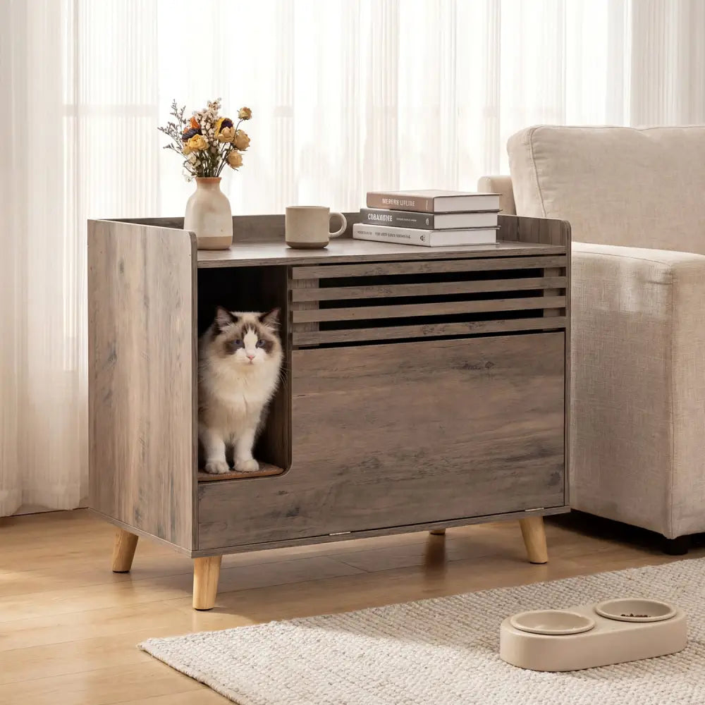 Cat Litter Box Enclosure with Flip-down Opening Door and Scratching Mat-Brown - Brown - Cat Houses