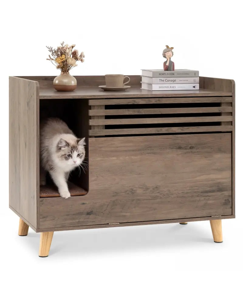 Cat Litter Box Enclosure with Flip-down Opening Door and Scratching Mat-Brown - Brown - Cat Houses