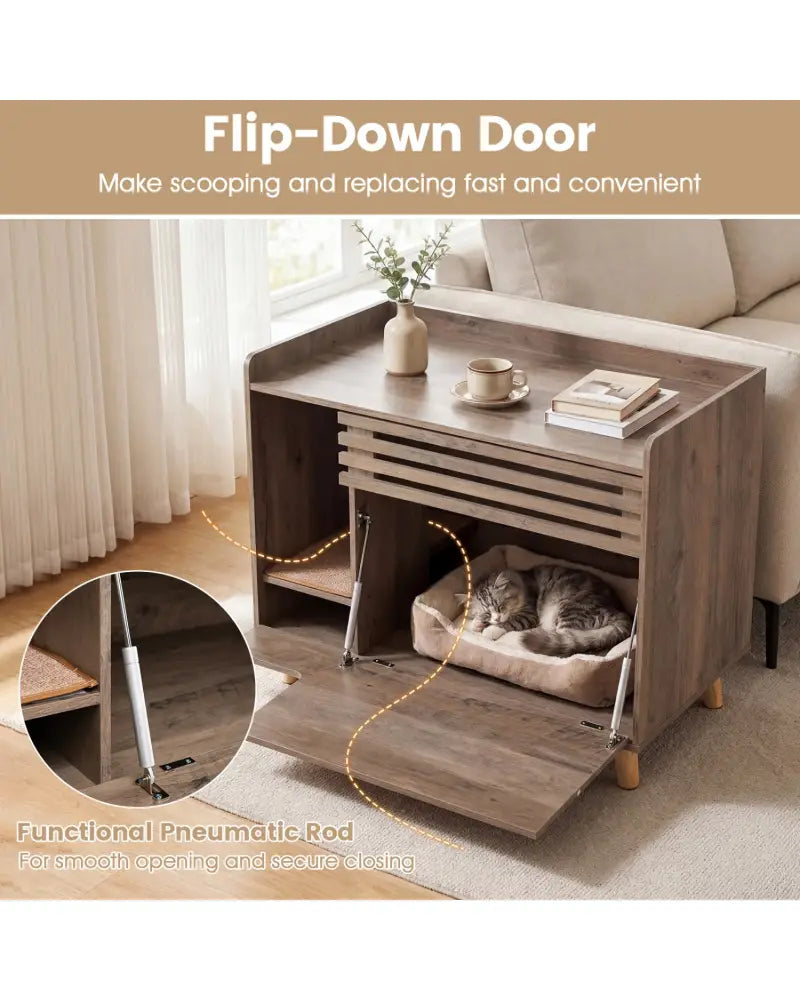 Cat Litter Box Enclosure with Flip-down Opening Door and Scratching Mat-Brown - Brown - Cat Houses