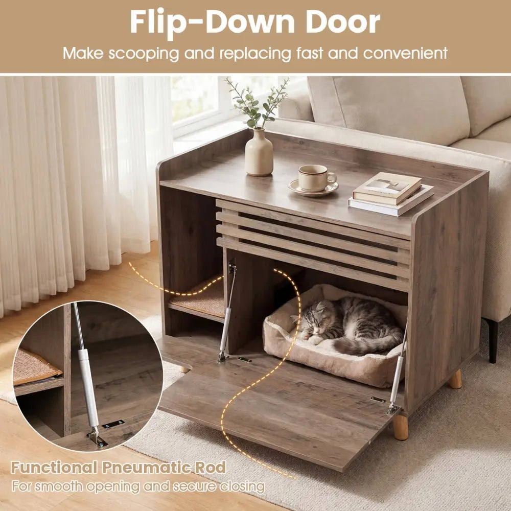 Cat Litter Box Enclosure with Flip-down Opening Door and Scratching Mat-Brown - Brown - Cat Houses