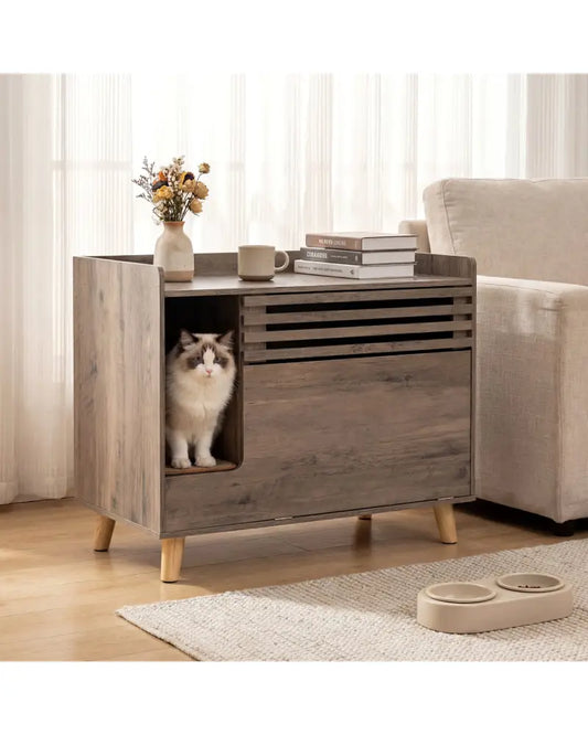 Cat Litter Box Enclosure with Flip-down Opening Door and Scratching Mat-Brown - Brown - Cat Houses