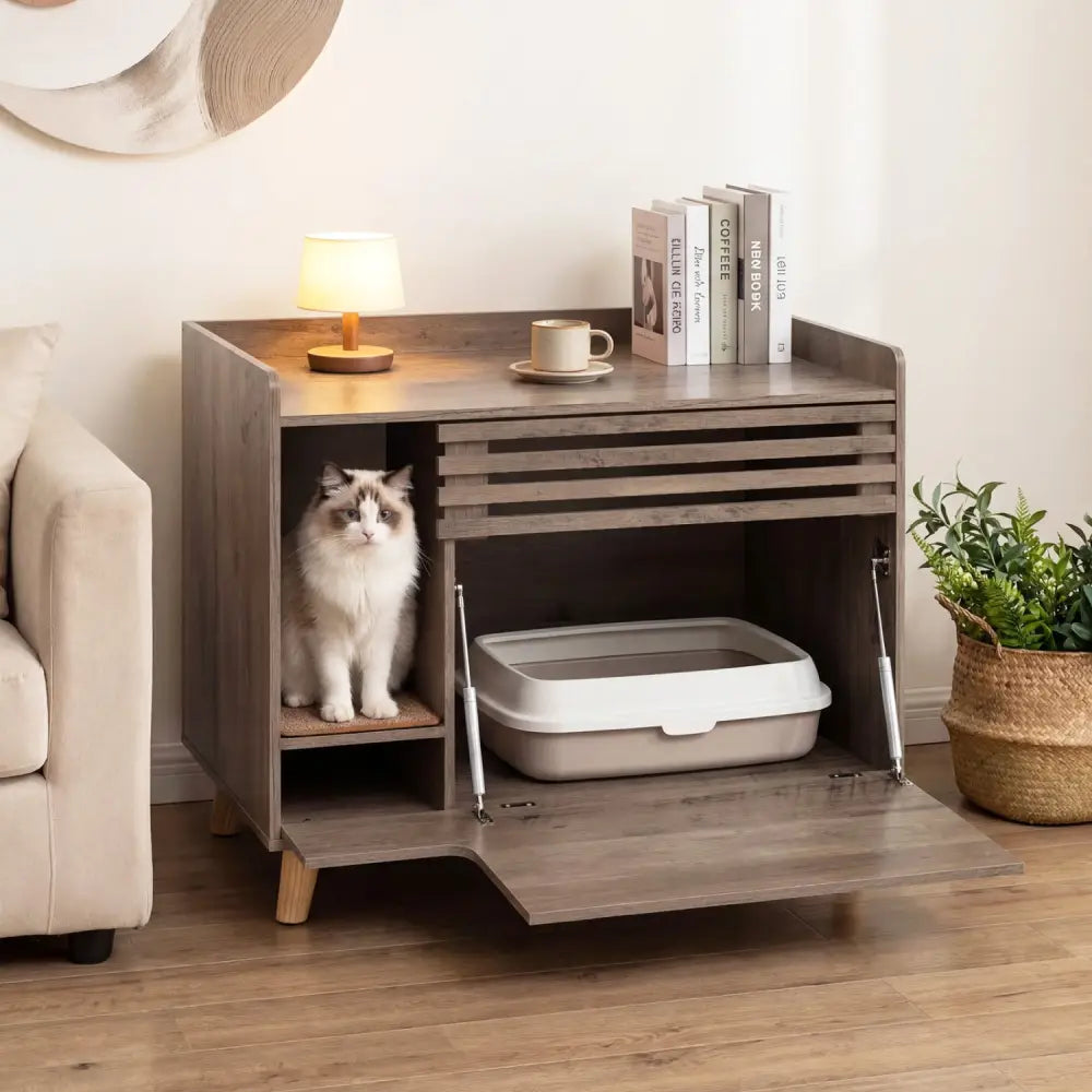 Cat Litter Box Enclosure with Flip-down Opening Door and Scratching Mat-Brown - Brown - Cat Houses