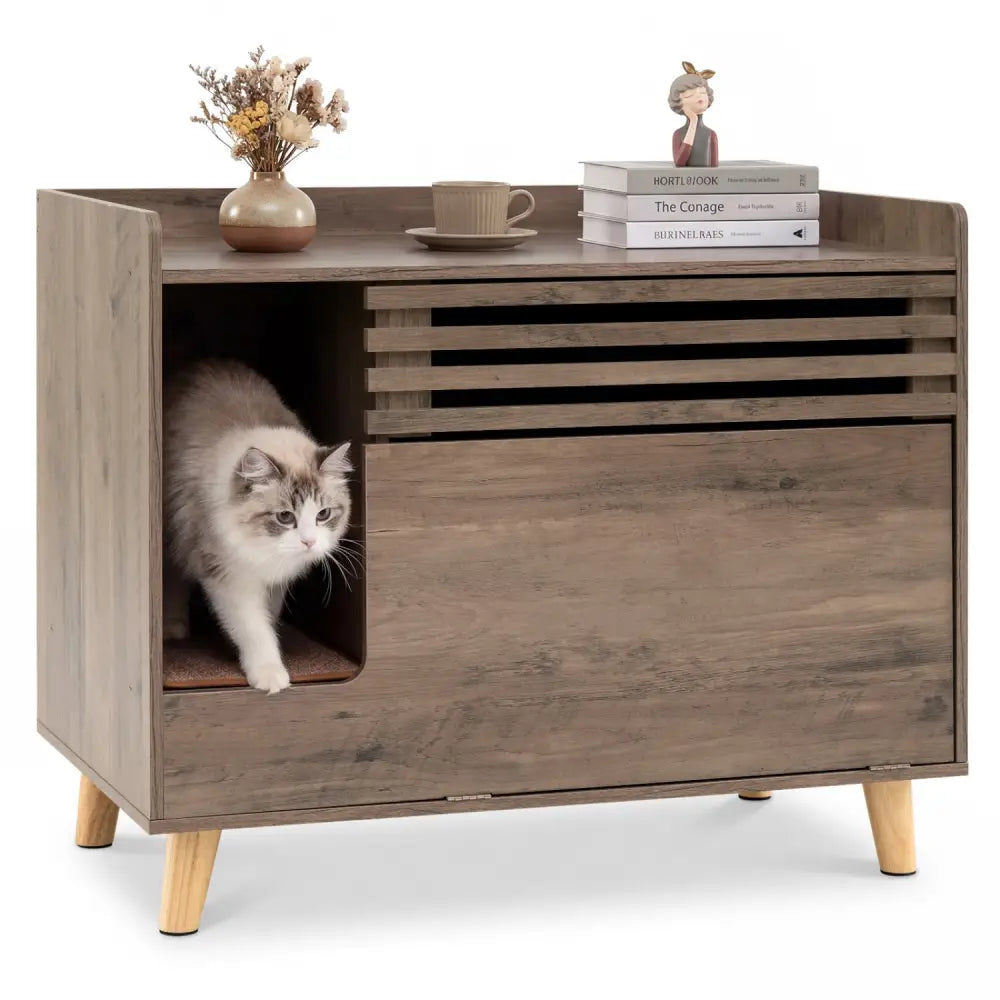 Cat Litter Box Enclosure with Flip-down Opening Door and Scratching Mat-Brown - Brown - Cat Houses