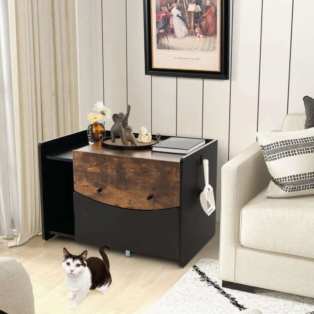 Cat Litter Box Enclosure with Pull-out Drawer-Black - Black - Cat Houses