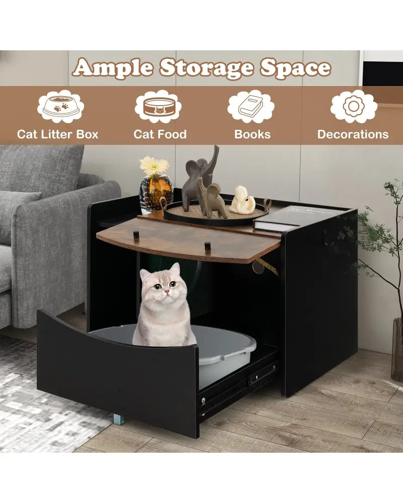Cat Litter Box Enclosure with Pull-out Drawer-Black - Black - Cat Houses