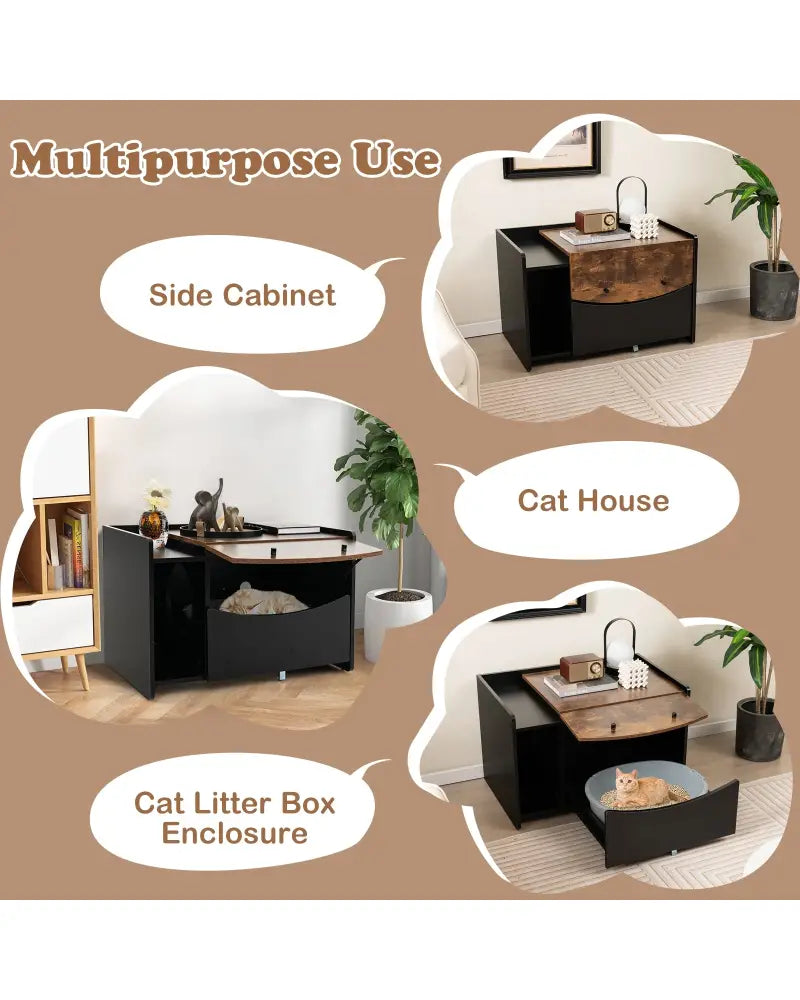 Cat Litter Box Enclosure with Pull-out Drawer-Black - Black - Cat Houses