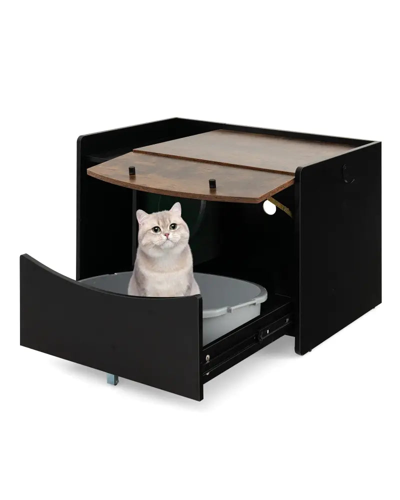 Cat Litter Box Enclosure with Pull-out Drawer-Black - Black - Cat Houses