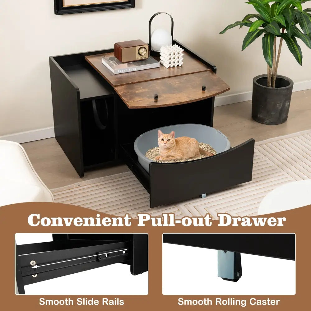 Cat Litter Box Enclosure with Pull-out Drawer-Black - Black - Cat Houses