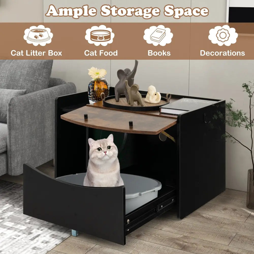 Cat Litter Box Enclosure with Pull-out Drawer-Black - Black - Cat Houses