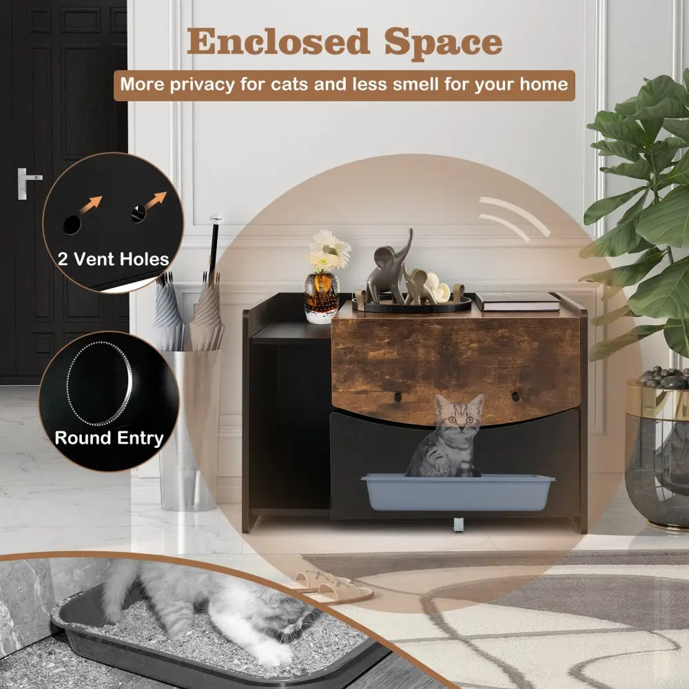 Cat Litter Box Enclosure with Pull-out Drawer-Black - Black - Cat Houses
