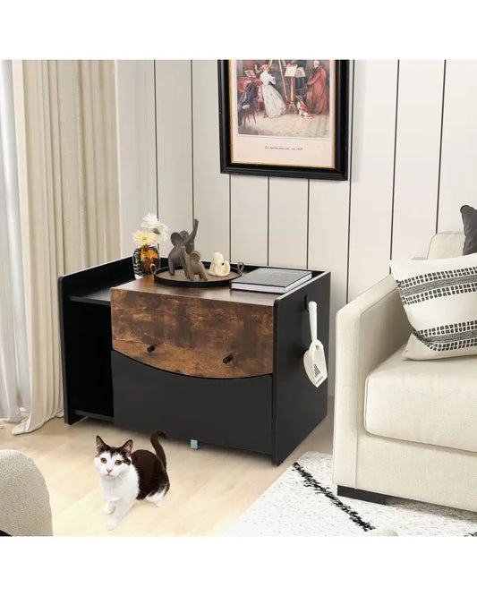 Cat Litter Box Enclosure with Pull-out Drawer-Black - Black - Cat Houses