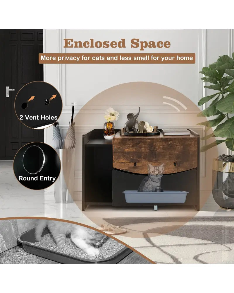 Cat Litter Box Enclosure with Pull-out Drawer-Black - Black - Cat Houses