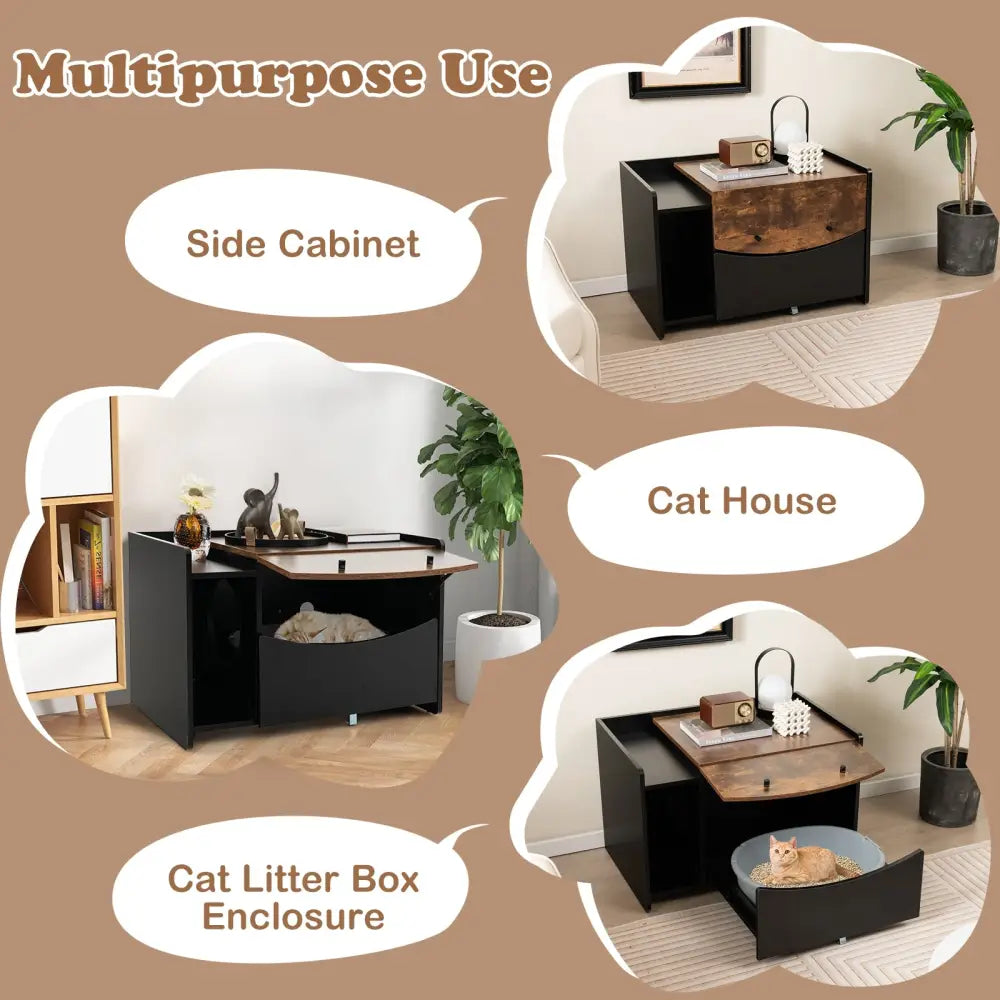 Cat Litter Box Enclosure with Pull-out Drawer-Black - Black - Cat Houses