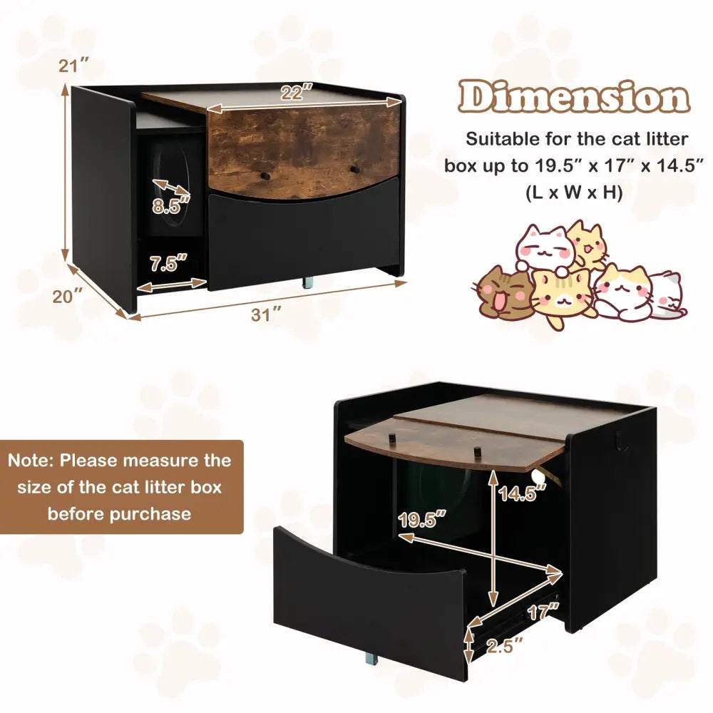 Cat Litter Box Enclosure with Pull-out Drawer-Black - Black - Cat Houses