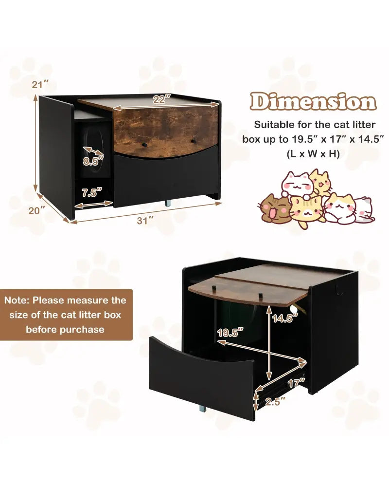 Cat Litter Box Enclosure with Pull-out Drawer-Black - Black - Cat Houses