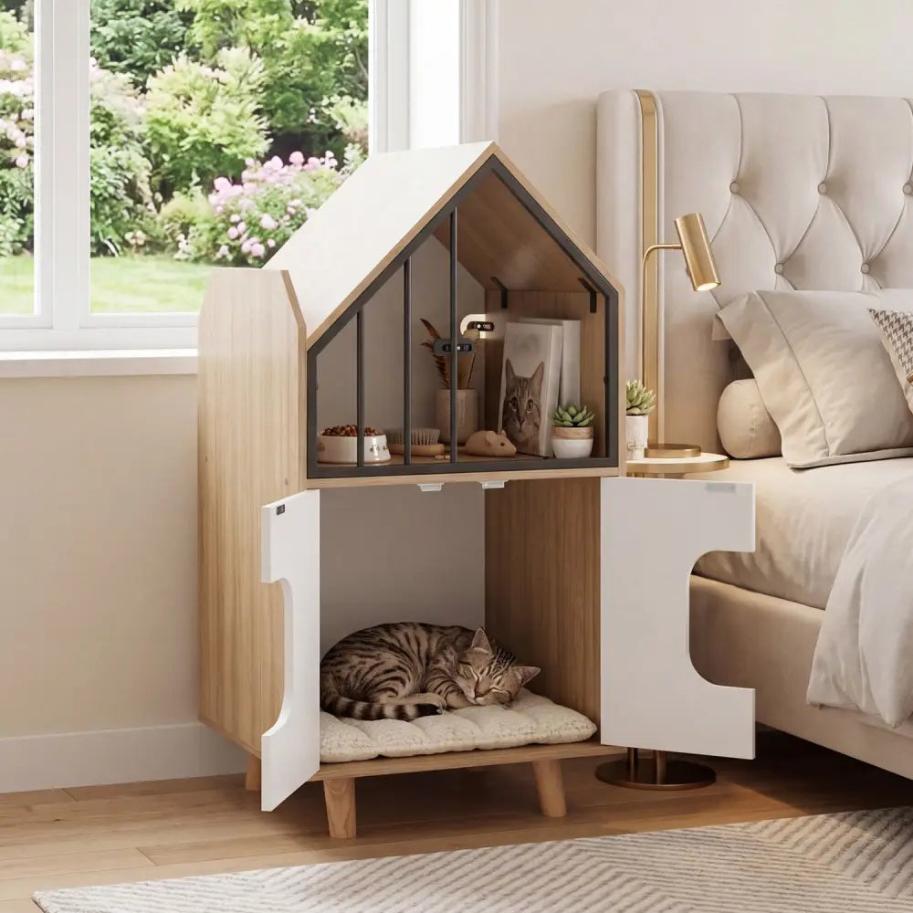 Cat Litter Box Enclosure with Shelf and 2 Doors Wooden House-Shaped for IndoorNatural - Natural - Cat Houses