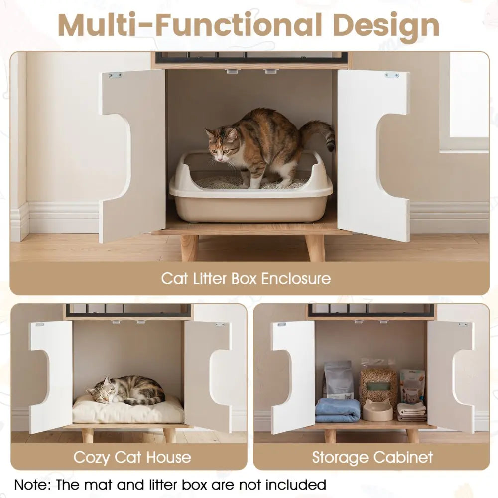Cat Litter Box Enclosure with Shelf and 2 Doors Wooden House-Shaped for IndoorNatural - Natural - Cat Houses