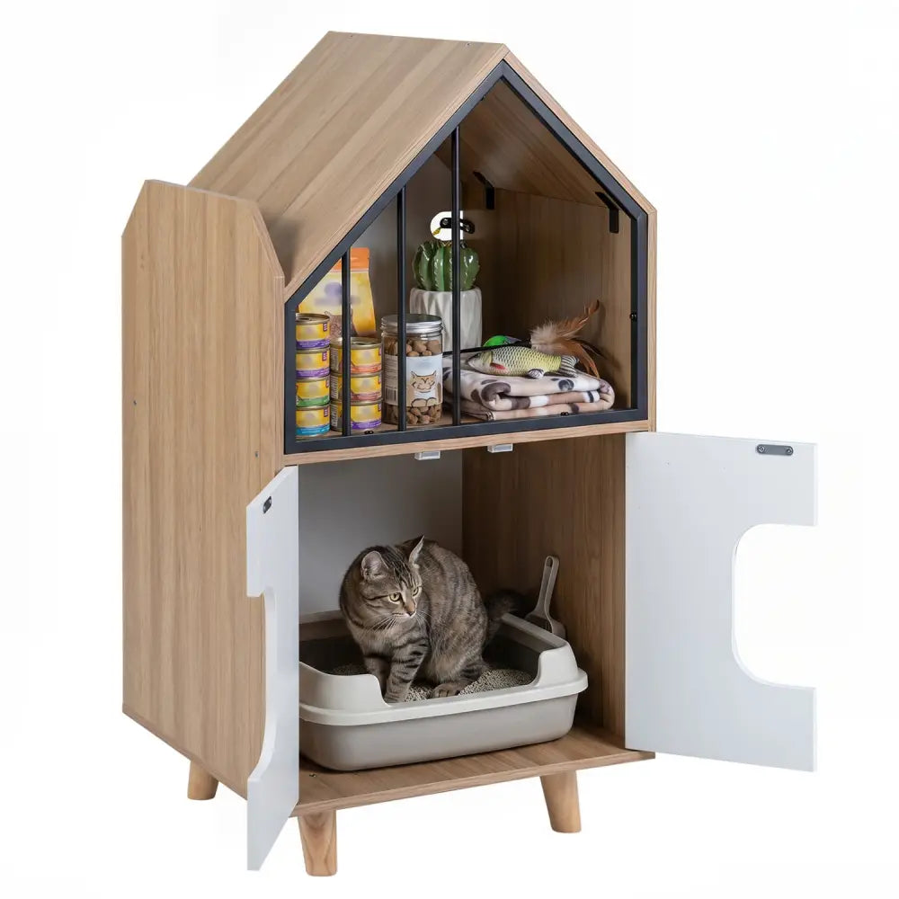 Cat Litter Box Enclosure with Shelf and 2 Doors Wooden House-Shaped for IndoorNatural - Natural - Cat Houses