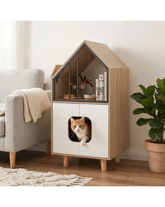 Cat Litter Box Enclosure with Shelf and 2 Doors Wooden House-Shaped for IndoorNatural - Natural - Cat Houses