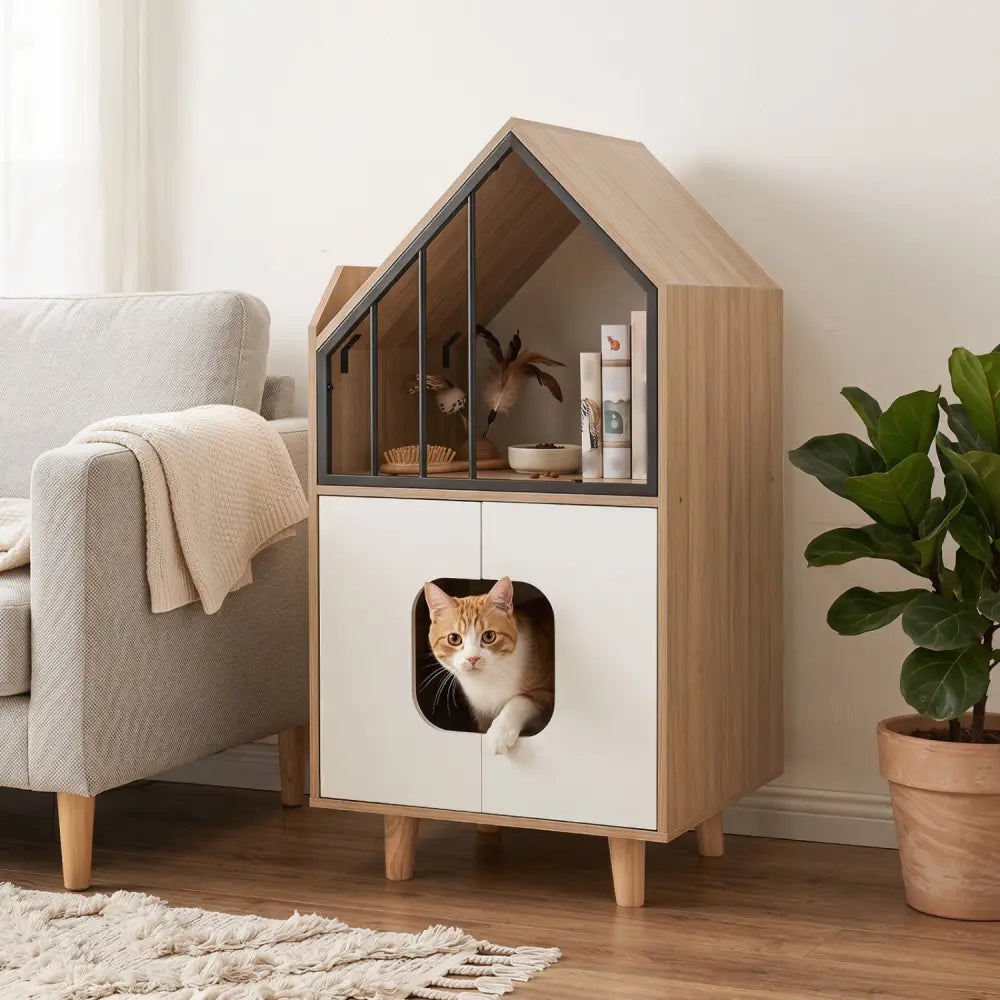 Cat Litter Box Enclosure with Shelf and 2 Doors Wooden House-Shaped for IndoorNatural - Natural - Cat Houses