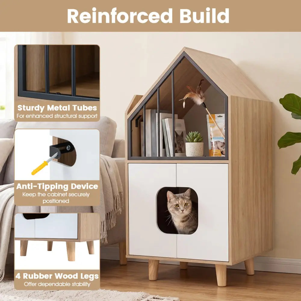 Cat Litter Box Enclosure with Shelf and 2 Doors Wooden House-Shaped for IndoorNatural - Natural - Cat Houses