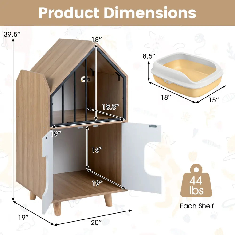 Cat Litter Box Enclosure with Shelf and 2 Doors Wooden House-Shaped for IndoorNatural - Natural - Cat Houses