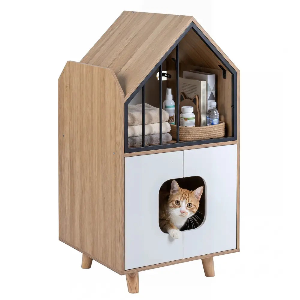 Cat Litter Box Enclosure with Shelf and 2 Doors Wooden House-Shaped for IndoorNatural - Natural - Cat Houses