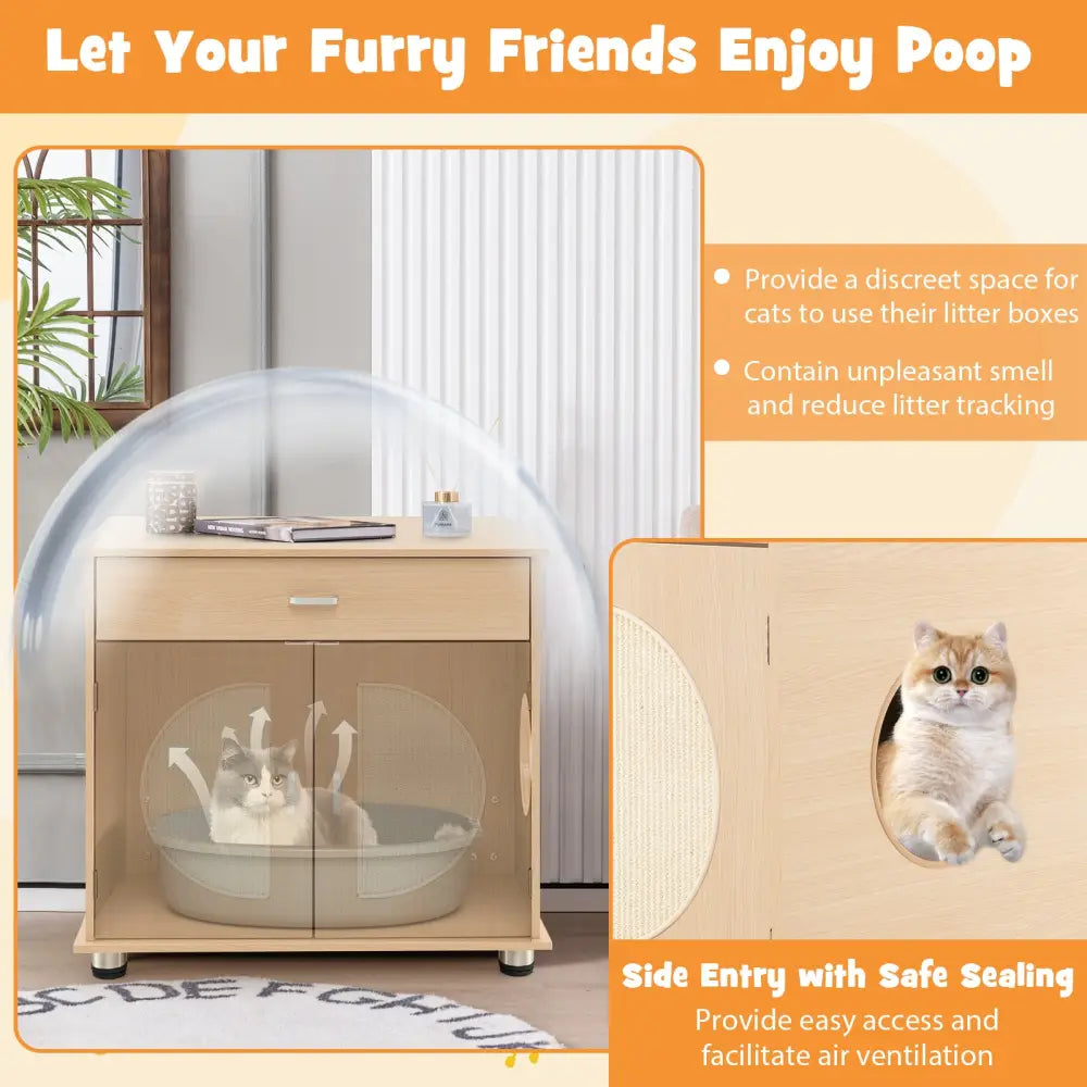 Cat Litter Box Enclosure with Sisal Scratching Doors and Storage-Natural - Natural - Cat Houses