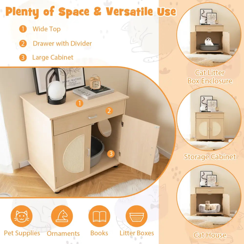 Cat Litter Box Enclosure with Sisal Scratching Doors and Storage-Natural - Natural - Cat Houses