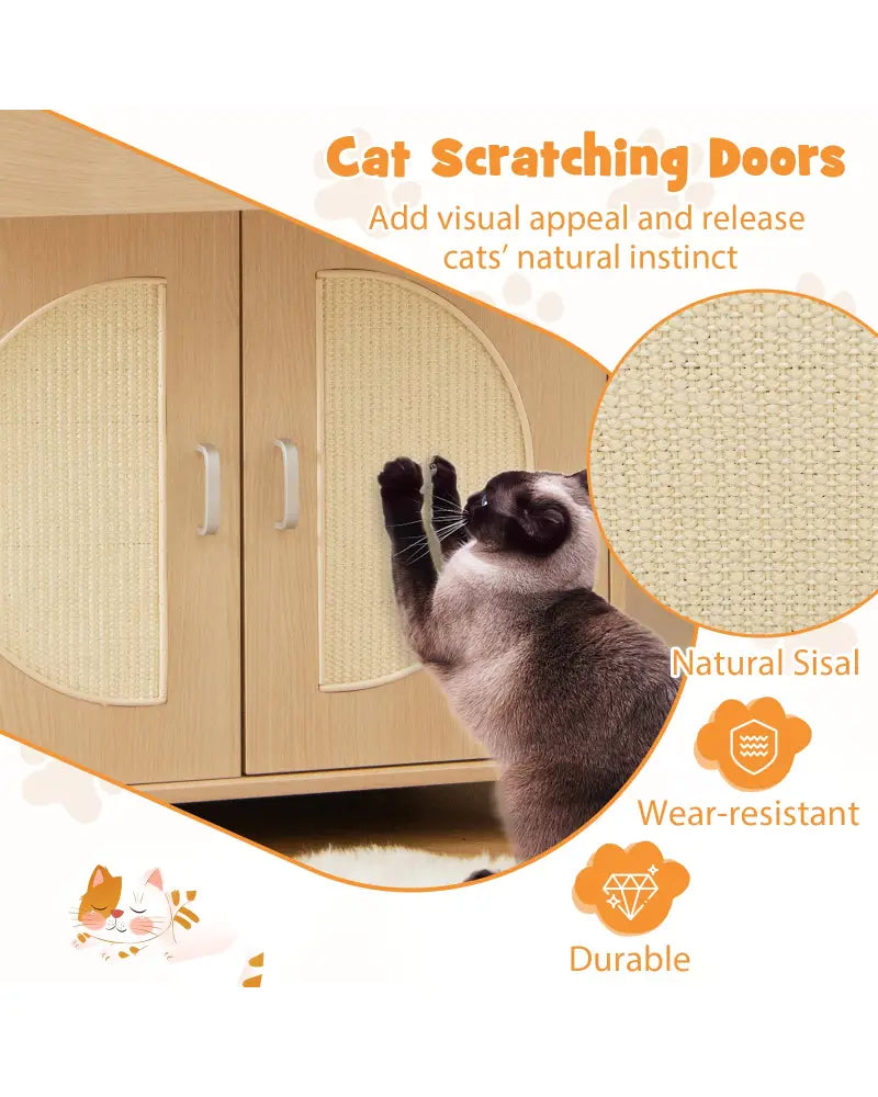 Cat Litter Box Enclosure with Sisal Scratching Doors and Storage-Natural - Natural - Cat Houses