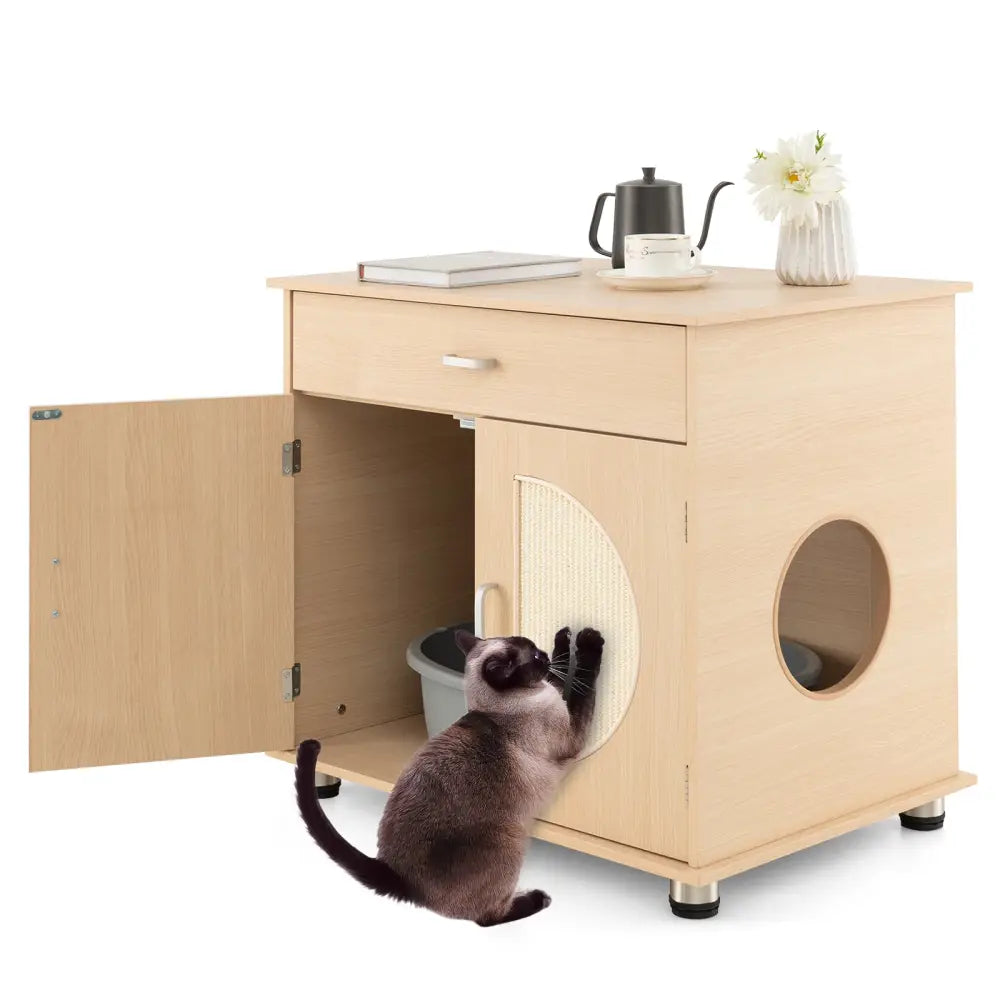 Cat Litter Box Enclosure with Sisal Scratching Doors and Storage-Natural - Natural - Cat Houses