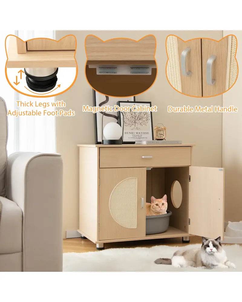 Cat Litter Box Enclosure with Sisal Scratching Doors and Storage-Natural - Natural - Cat Houses