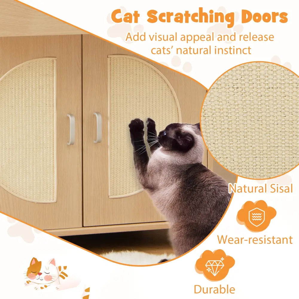 Cat Litter Box Enclosure with Sisal Scratching Doors and Storage-Natural - Natural - Cat Houses