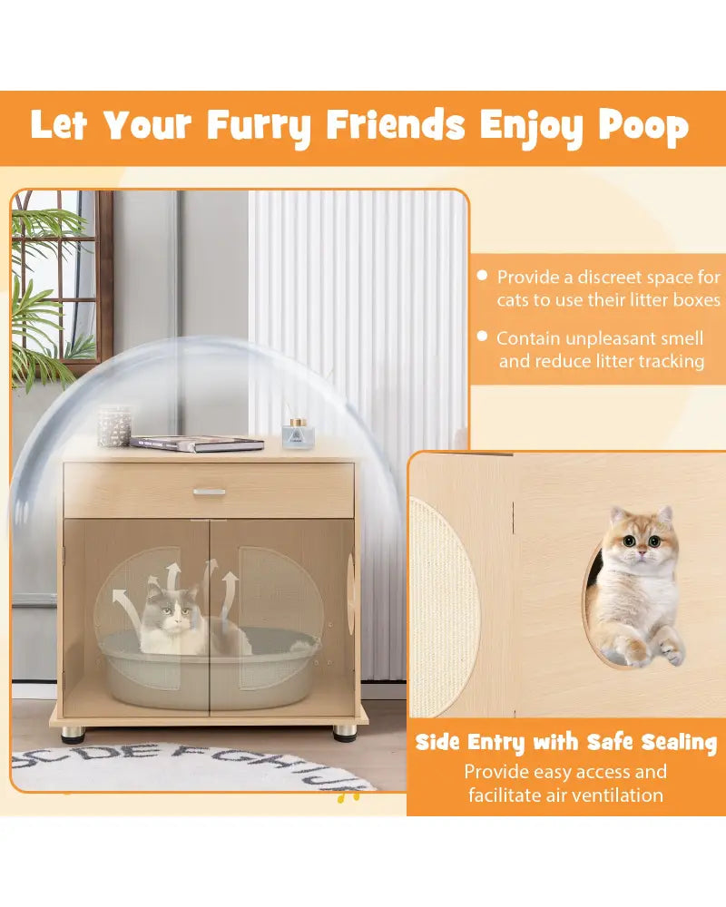 Cat Litter Box Enclosure with Sisal Scratching Doors and Storage-Natural - Natural - Cat Houses