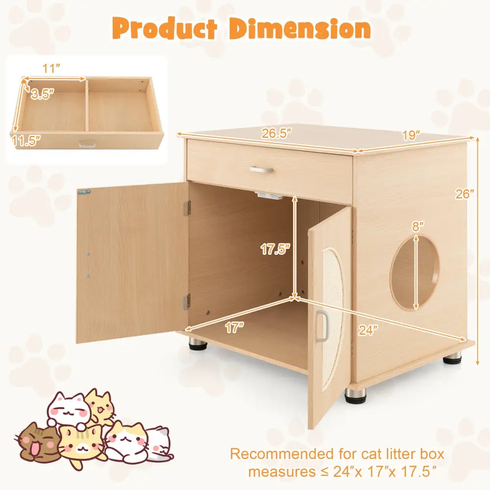 Cat Litter Box Enclosure with Sisal Scratching Doors and Storage-Natural - Natural - Cat Houses